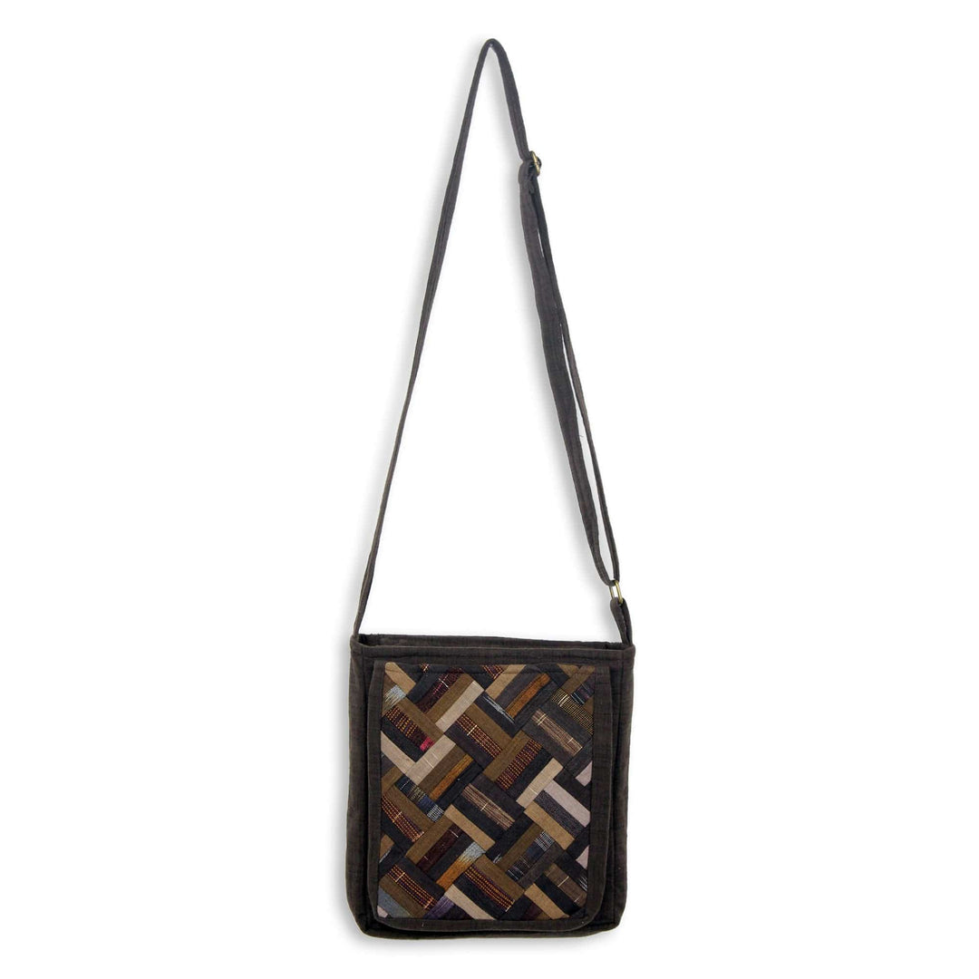 Thai Applique Shoulder Bag in Brown Cotton and 3 Pockets - Brown Siam