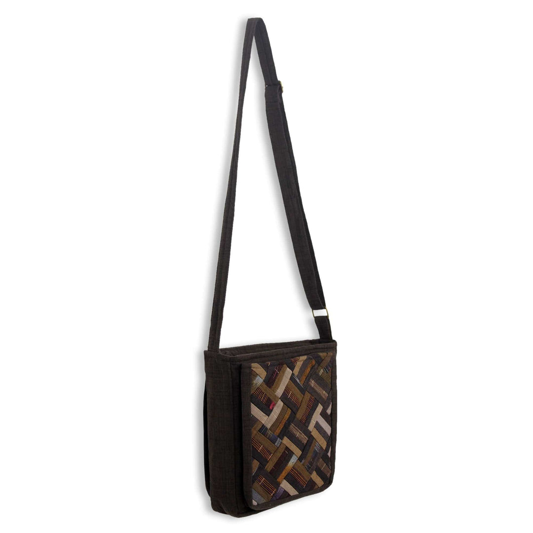 Thai Applique Shoulder Bag in Brown Cotton and 3 Pockets - Brown Siam