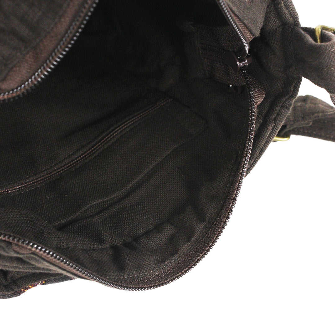 Thai Applique Shoulder Bag in Brown Cotton and 3 Pockets - Brown Siam