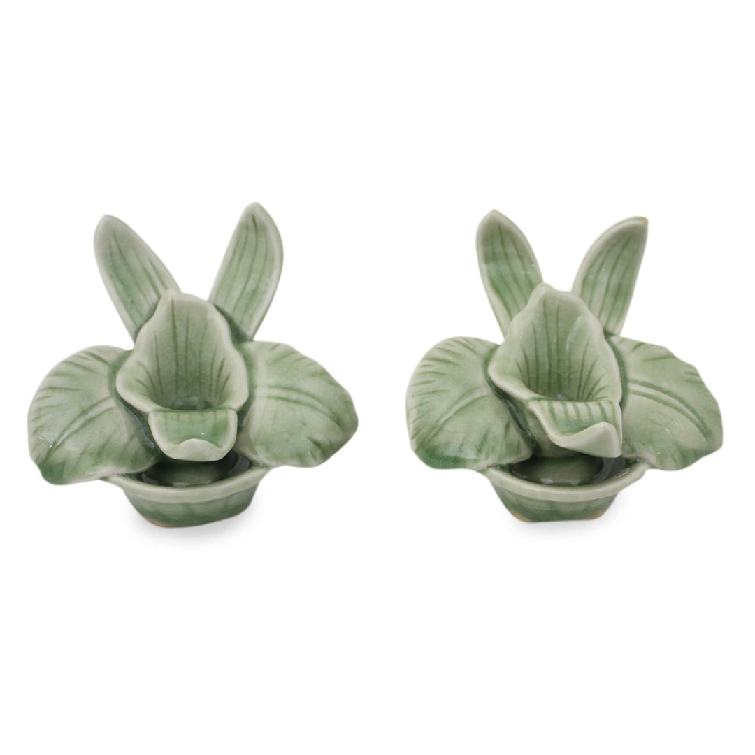 Green Celadon Ceramic Orchid Shaped Candle Holders (Pair) - Thai Jade Orchids