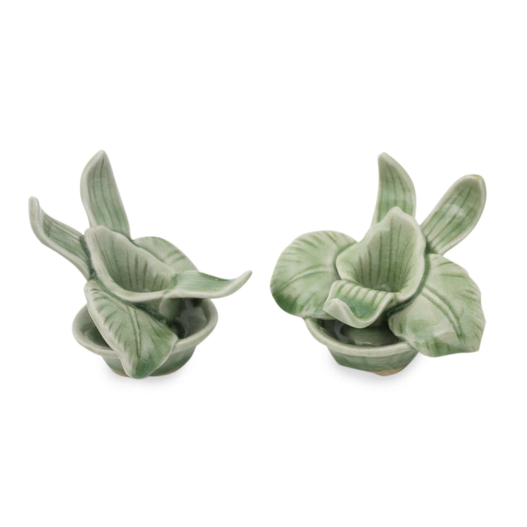 Green Celadon Ceramic Orchid Shaped Candle Holders (Pair) - Thai Jade Orchids