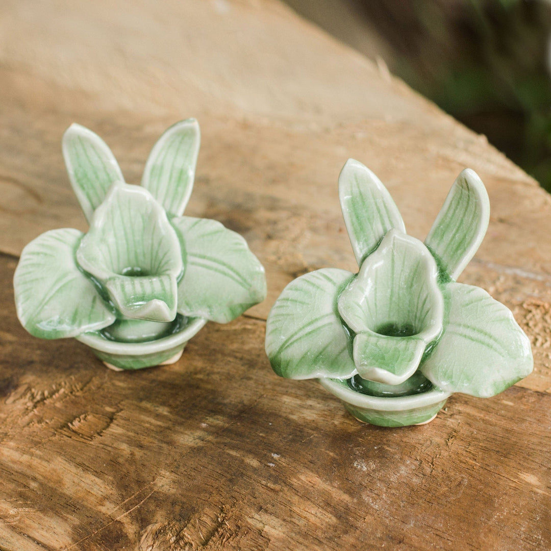 Green Celadon Ceramic Orchid Shaped Candle Holders (Pair) - Thai Jade Orchids