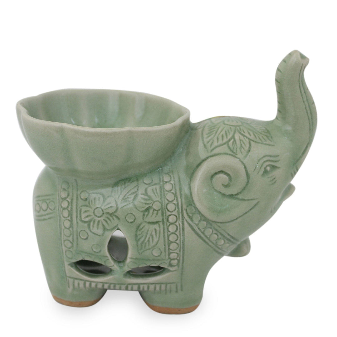Handmade Light Green Celadon Ceramic Elephant Oil Warmer - Time to Relax