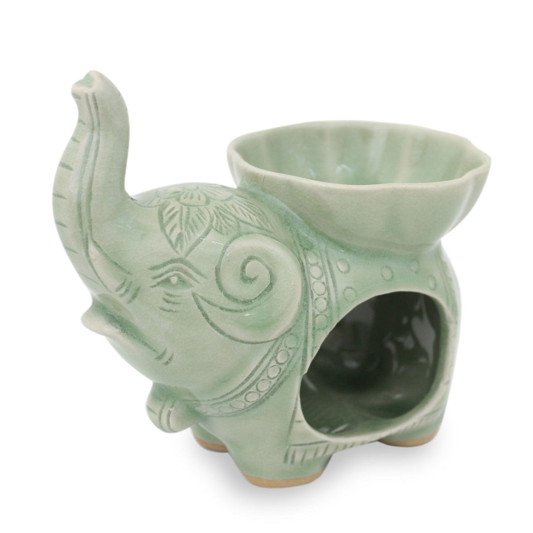 Handmade Light Green Celadon Ceramic Elephant Oil Warmer - Time to Relax