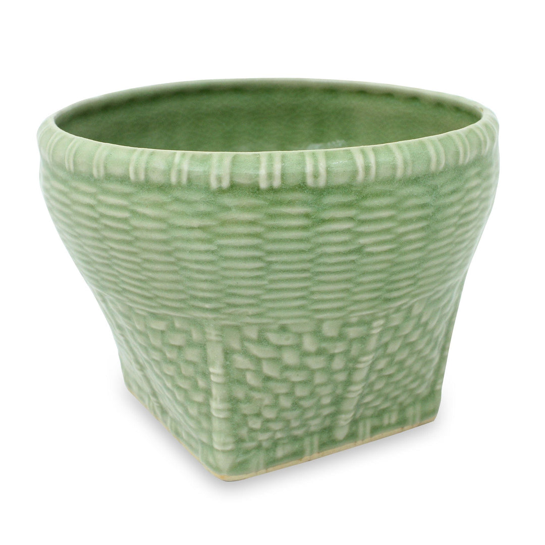 Woven Look Ceramic Vase in Green Celadon Glaze (Large) - Basket