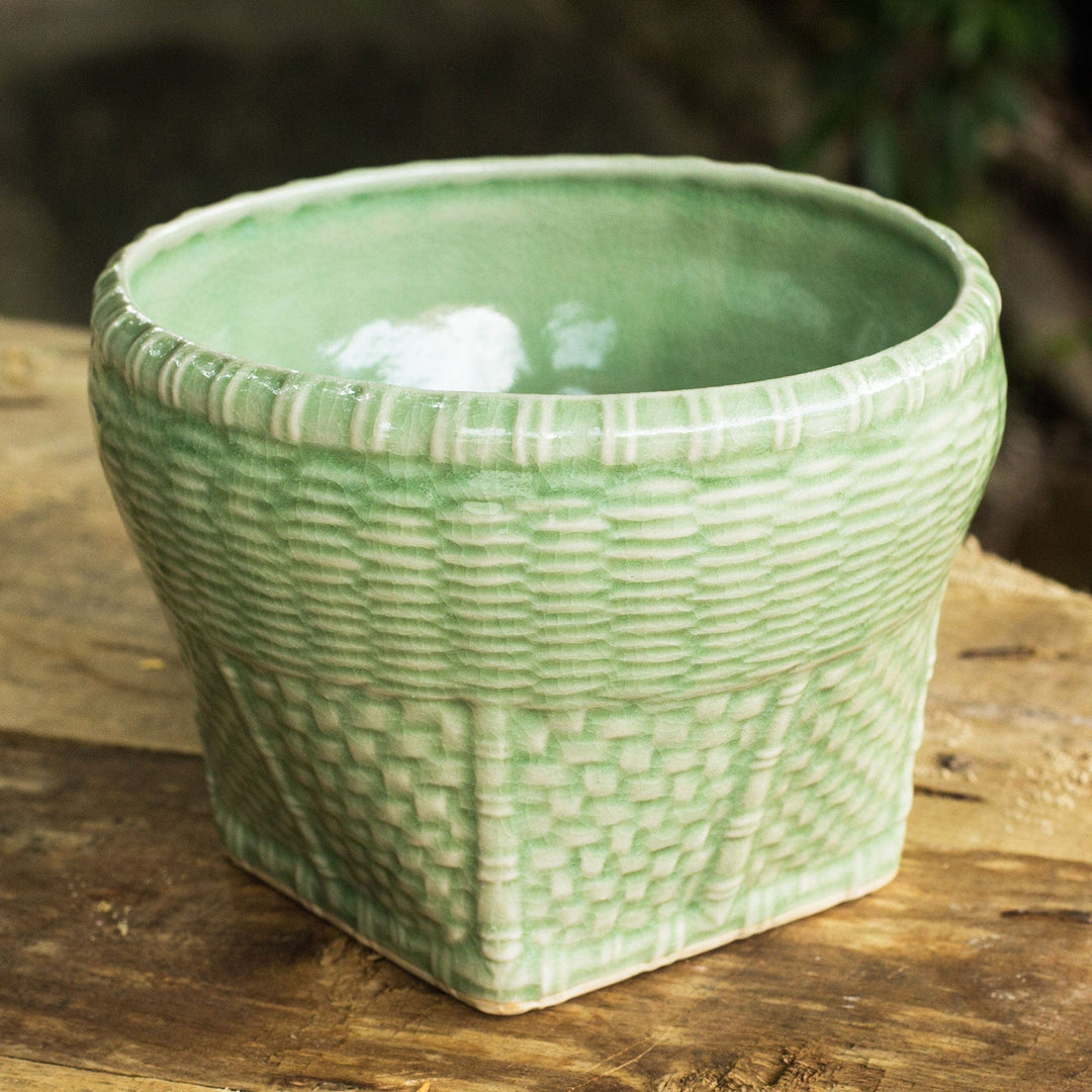 Woven Look Ceramic Vase in Green Celadon Glaze (Large) - Basket