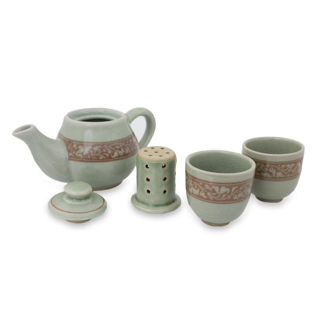 Artisan Crafted Green and Brown Celadon Tea Set (Set for 2) - Lanna Enchanted