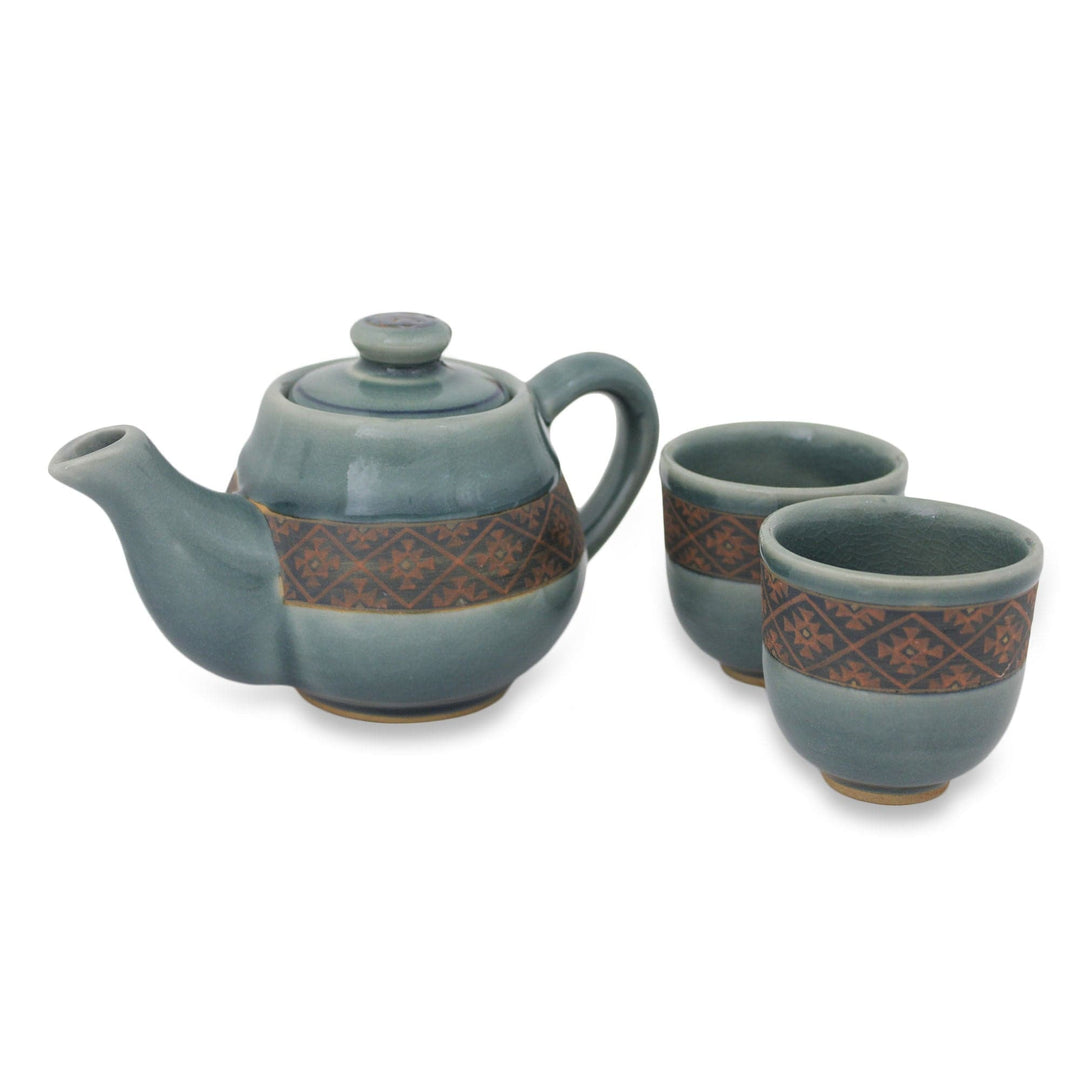 Blue Celadon Tea Set Handmade in Thailand (Set for 2) - Thai Weave Inspiration