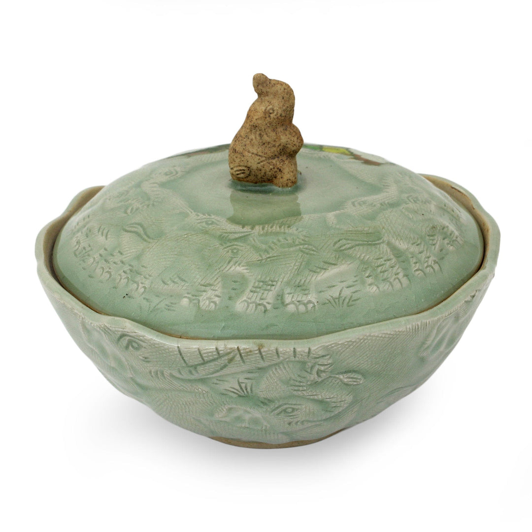 Handcrafted Green Ceramic Bowl and Lid with Elephant Motif - Sawasdee