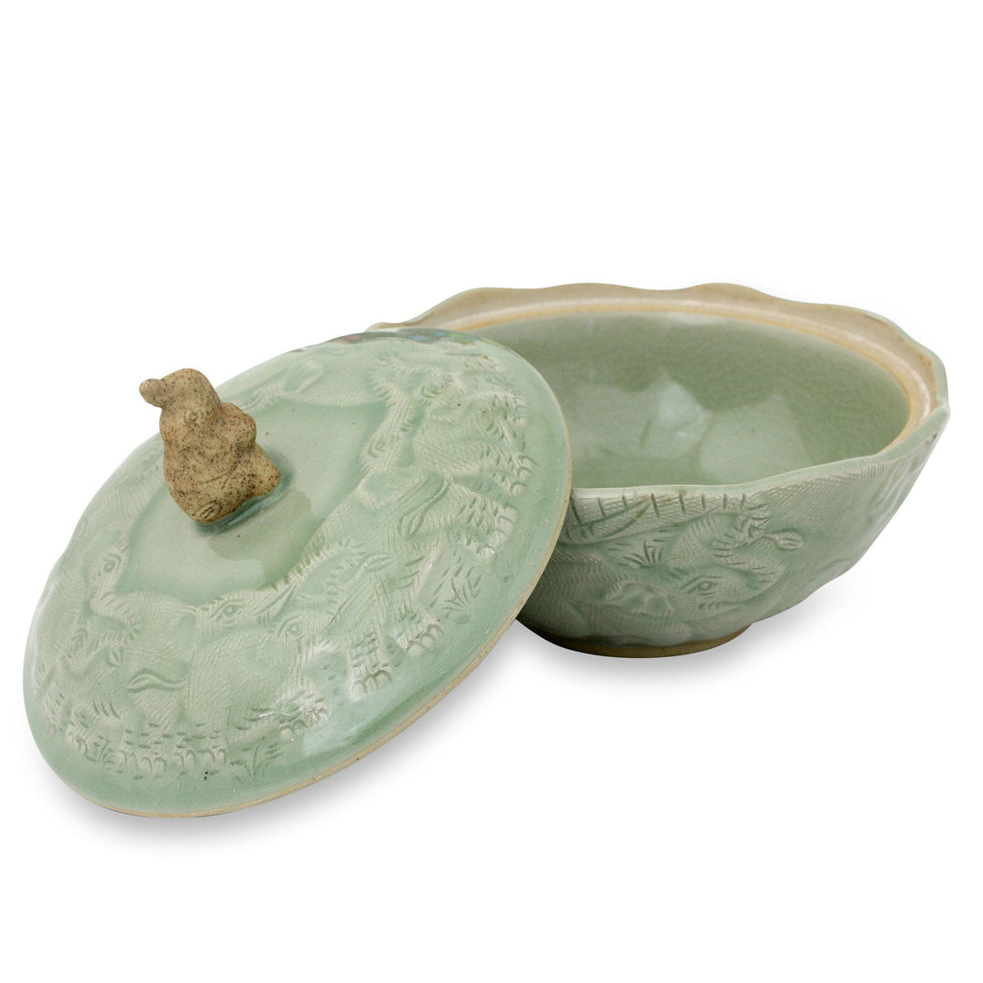 Handcrafted Green Ceramic Bowl and Lid with Elephant Motif - Sawasdee