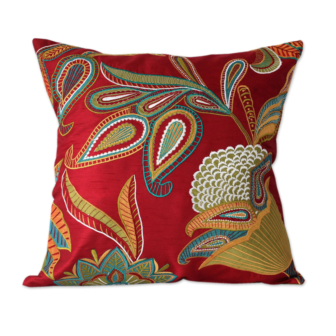 2 Red Handmade Embroidered Applique Cushion Covers - Paisley Wine