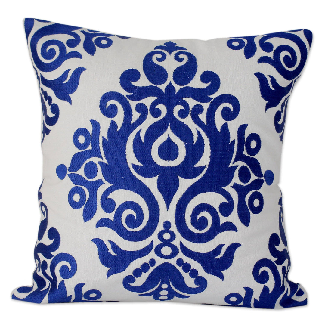 White and Blue Embroidered Cotton Cushion Covers (Pair) - Sapphire Beauty