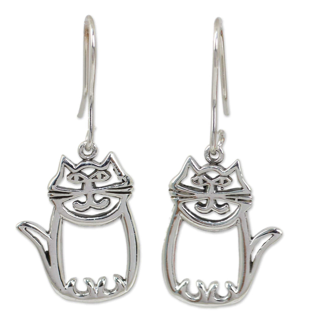 Cute Sterling Silver Cat Dangle Earrings from Thai Artisan - Whimsical Cat