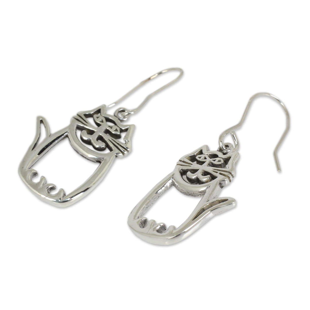Cute Sterling Silver Cat Dangle Earrings from Thai Artisan - Whimsical Cat