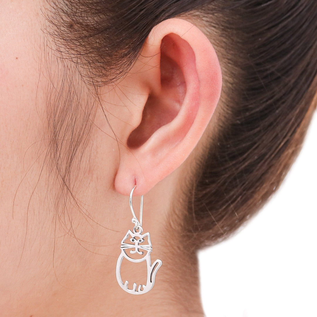 Cute Sterling Silver Cat Dangle Earrings from Thai Artisan - Whimsical Cat