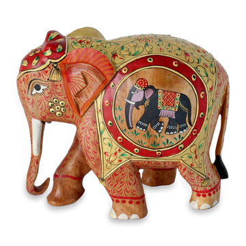 Hand Painted Wood Elephant Figurine Sculpture - Festive Elephant