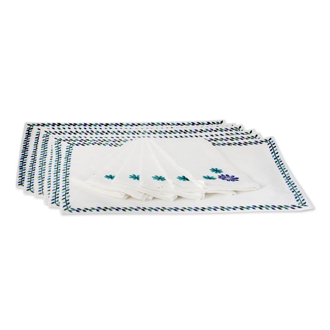 Embroidered Cotton Floral Placemats and Napkins (Set of 6) - Morning Blossoms