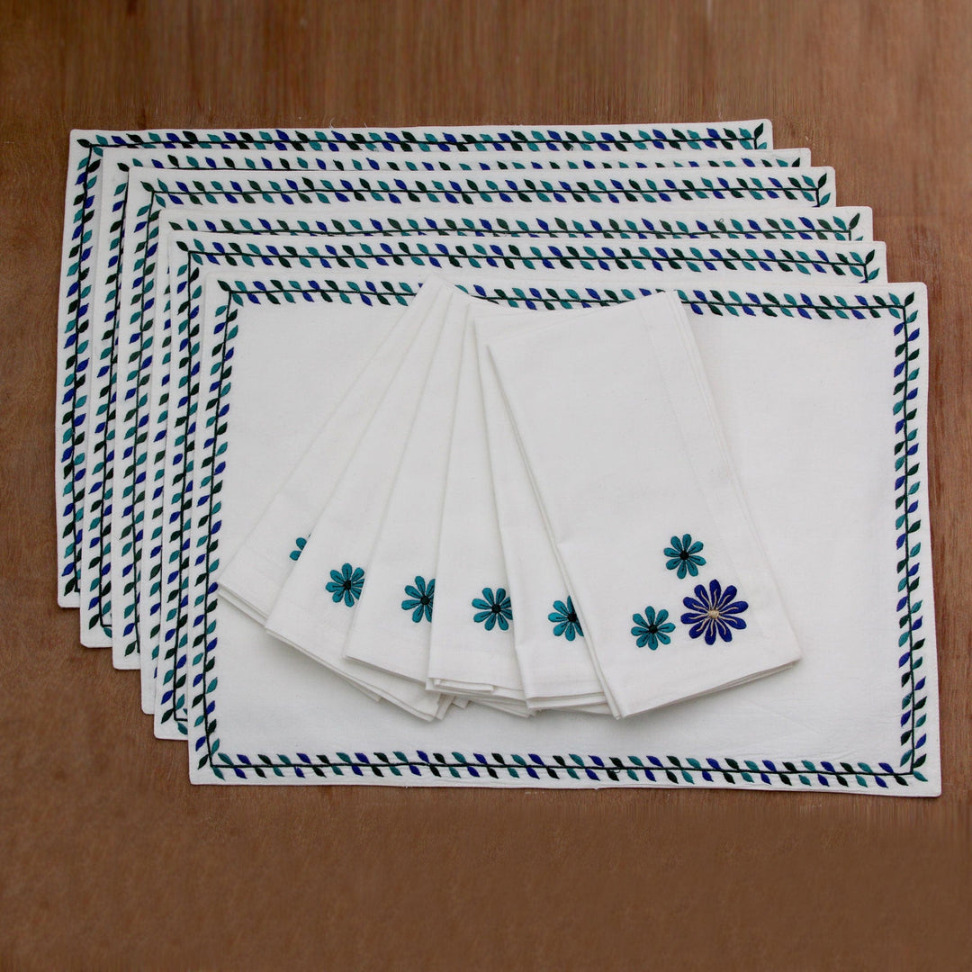 Embroidered Cotton Floral Placemats and Napkins (Set of 6) - Morning Blossoms