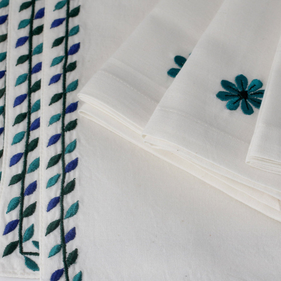 Embroidered Cotton Floral Placemats and Napkins (Set of 6) - Morning Blossoms