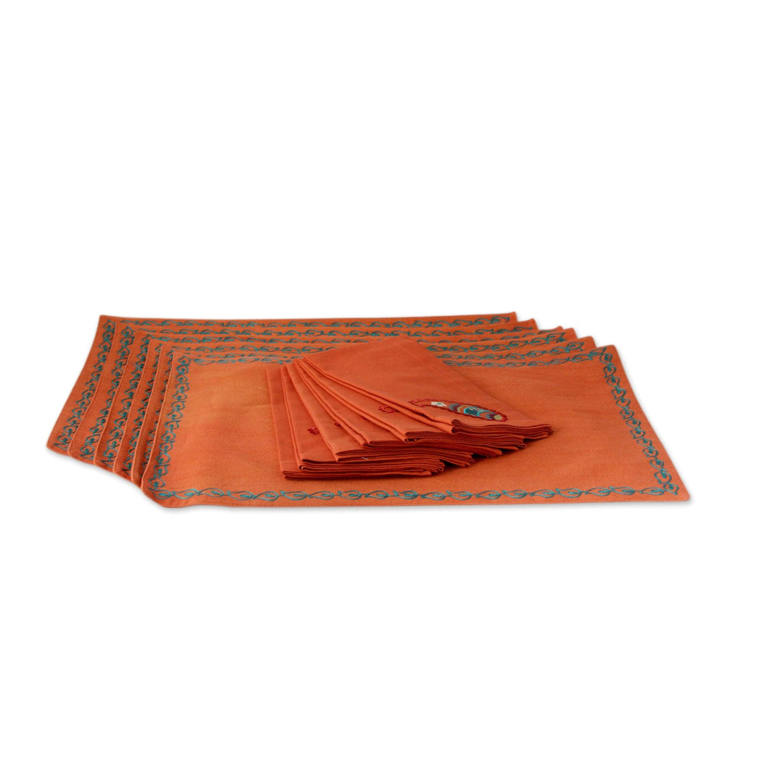 Orange Cotton Paisley Napkin and Placemats (Set of 6) - Sunset Paisley