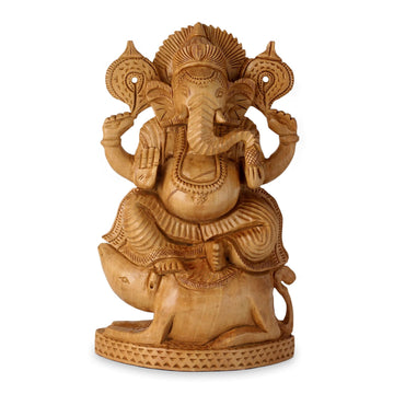 Hinduism Lord on Mouse Hand Carved Wood Statuette - Ganesha Lord of Knowledge