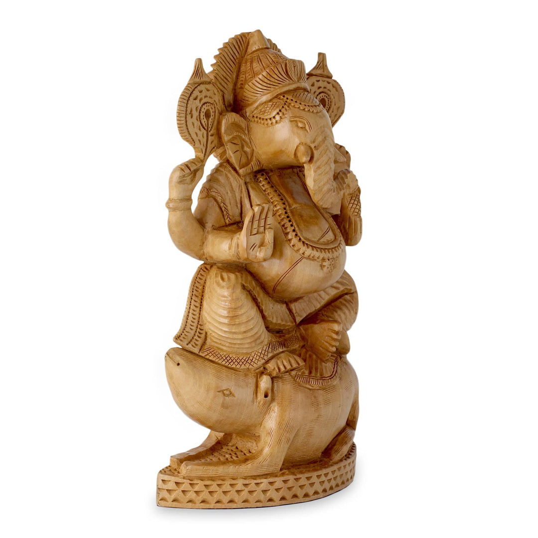 Hinduism Lord on Mouse Hand Carved Wood Statuette - Ganesha Lord of Knowledge