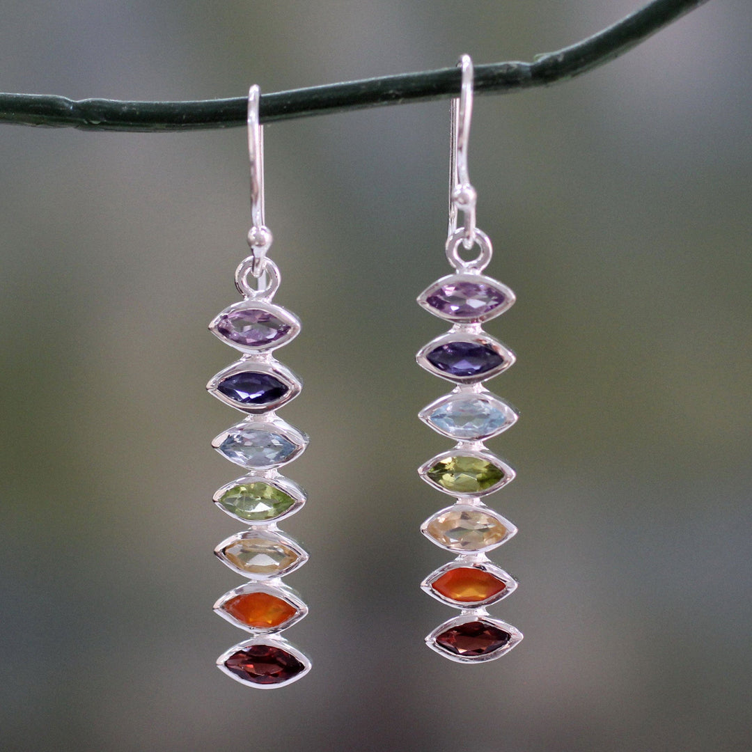Seven-Gemstone Dangle Earrings in 925 Sterling Silver - Chakra Balance