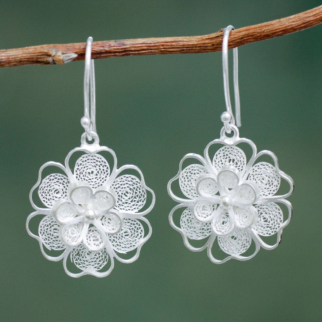 Artisan Crafted Sterling Filigree Peruvian Flower Earrings - Filigree Jasmine