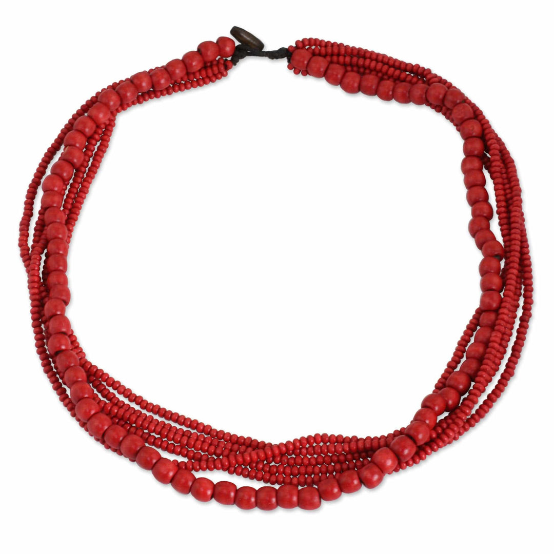 Fair Trade Long Wood Beaded Necklace in Bright Red - Cabana Dance