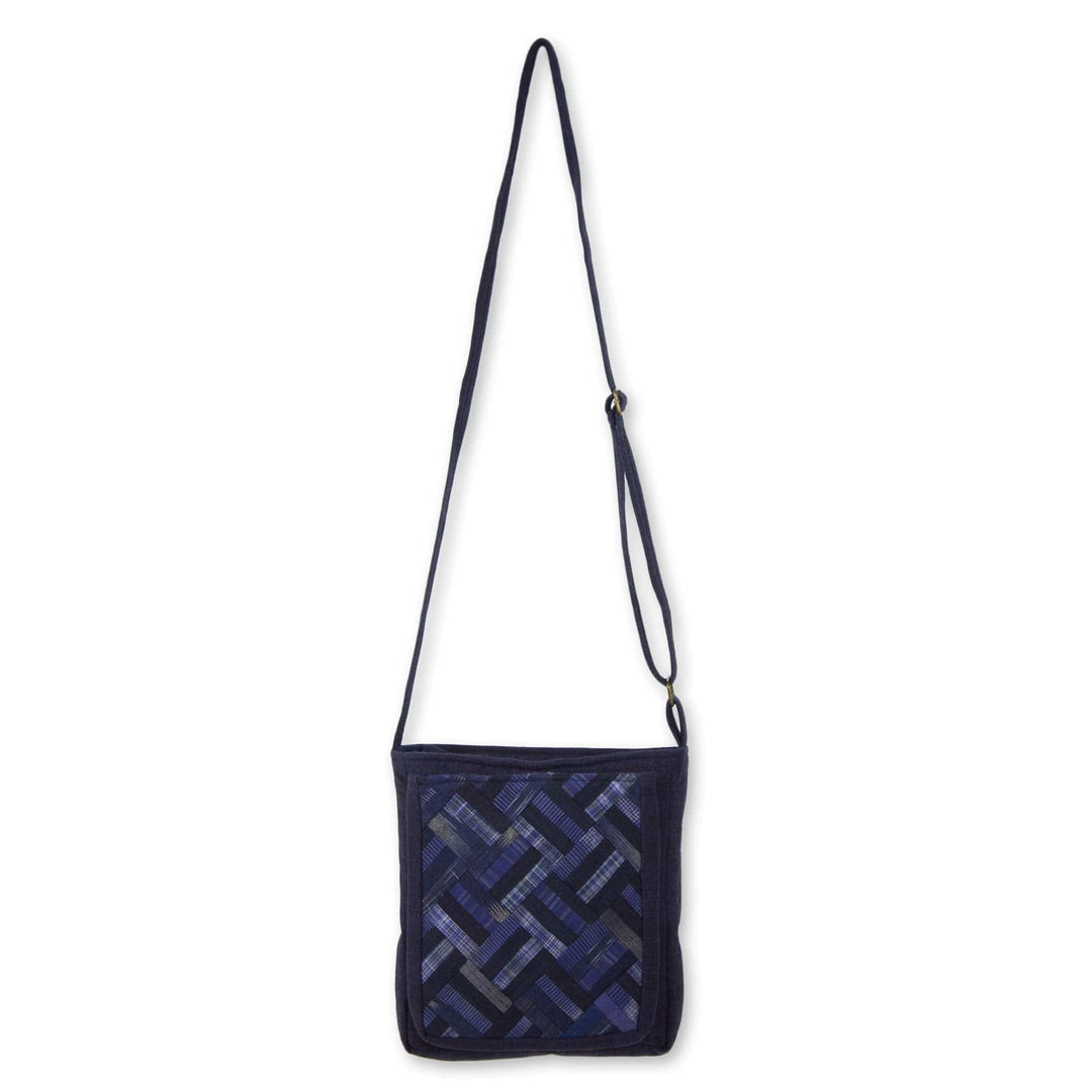 Blue Cotton Thai Applique Shoulder Bag with 3 Pockets - Blue Siam
