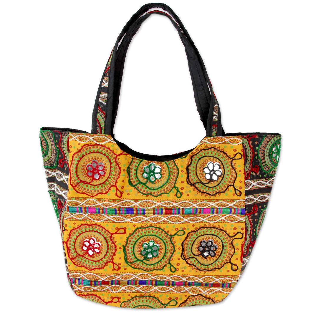 Colorful Orange Embroidered Cotton Shoulder Bag from India - Colors of Gujarat