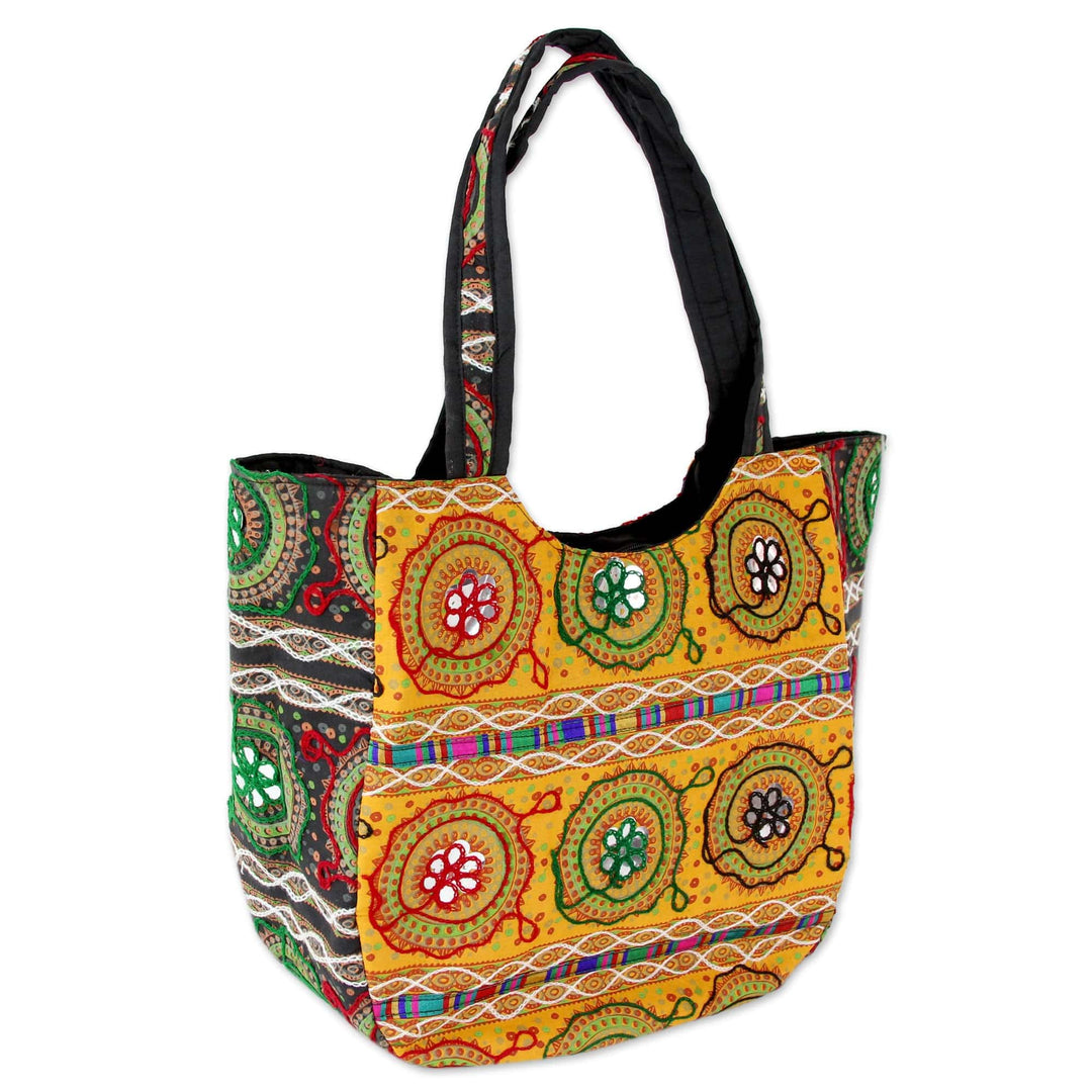 Colorful Orange Embroidered Cotton Shoulder Bag from India - Colors of Gujarat