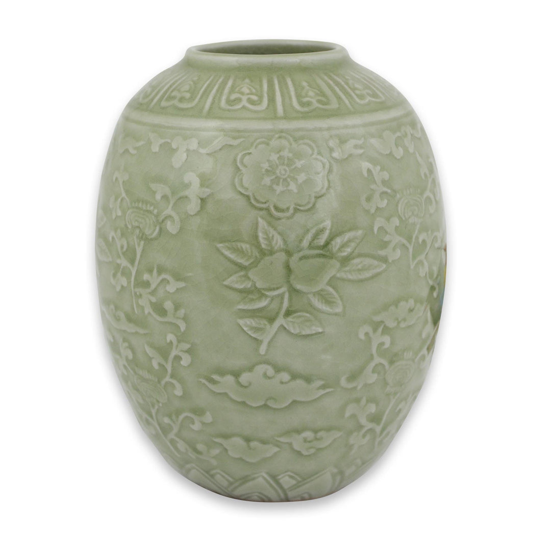 Green Floral Handcrafted Celadon Ceramic Vase from Thailand - Green Plum Blossom