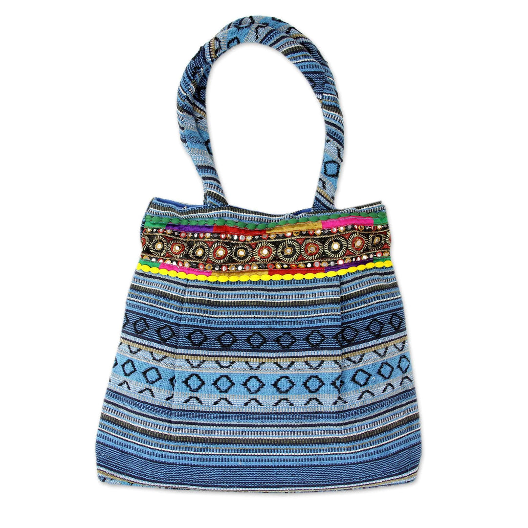 Hand Loomed Sky Blue Cotton Handbag with Sequins - Sky Blue Gujarat Glam
