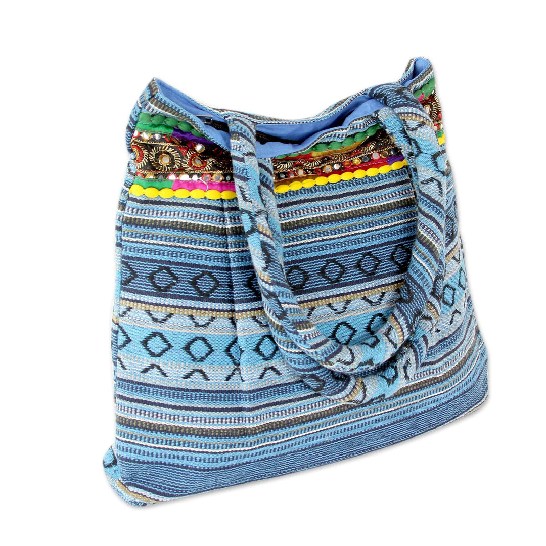 Hand Loomed Sky Blue Cotton Handbag with Sequins - Sky Blue Gujarat Glam