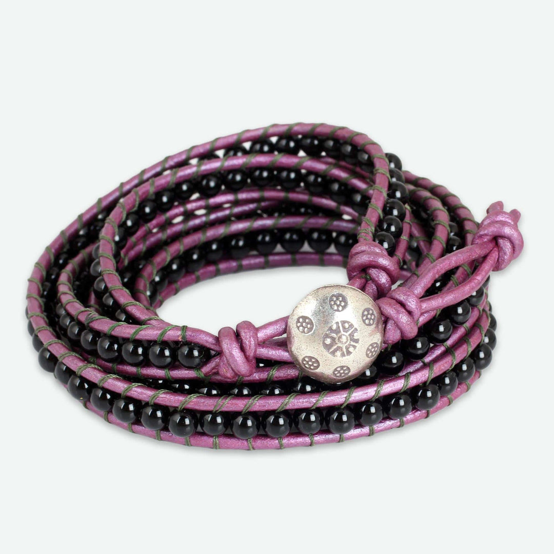 Onyx and Leather Wrap Bracelet with Karen Hill Tribe Silver - Black Orchid Romance