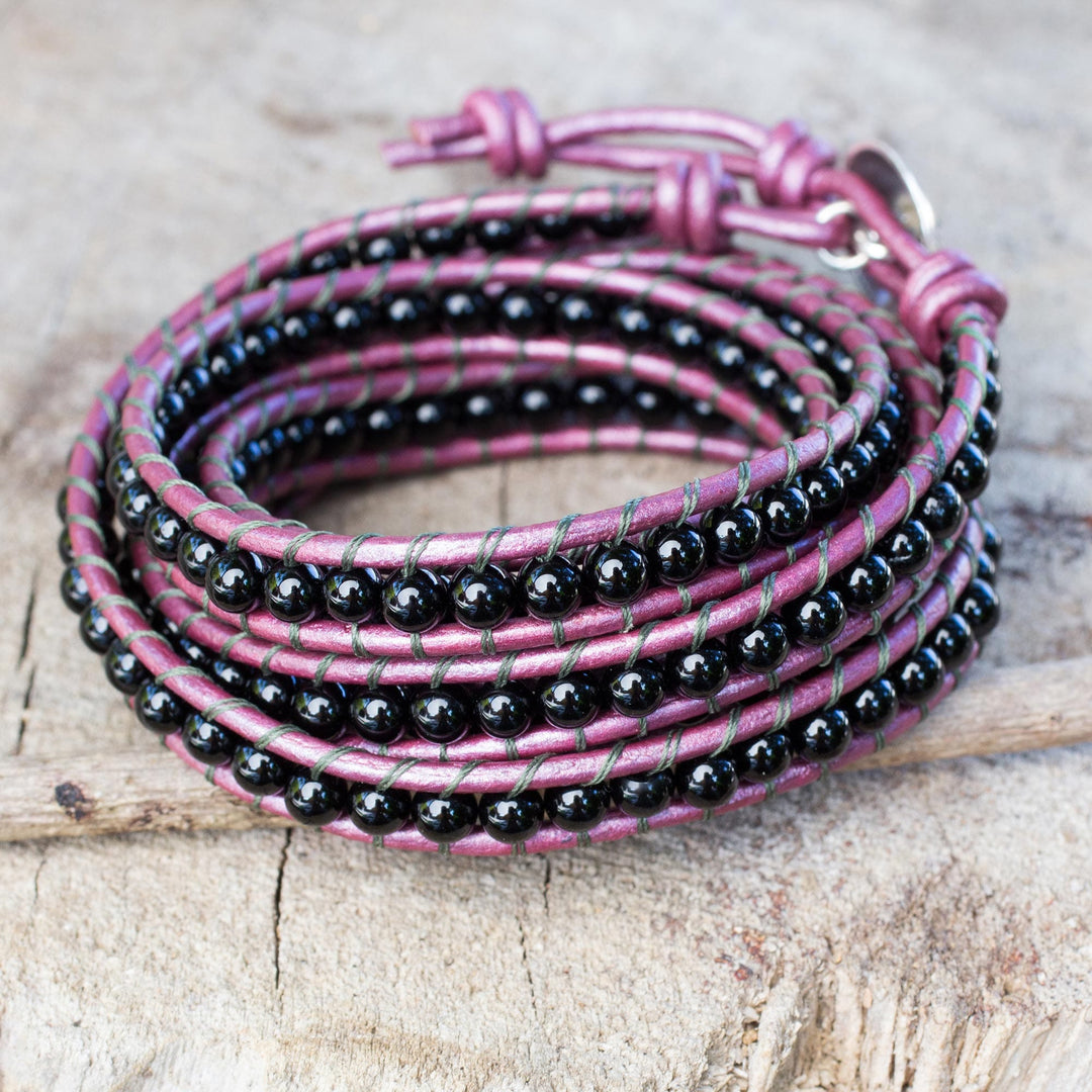 Onyx and Leather Wrap Bracelet with Karen Hill Tribe Silver - Black Orchid Romance