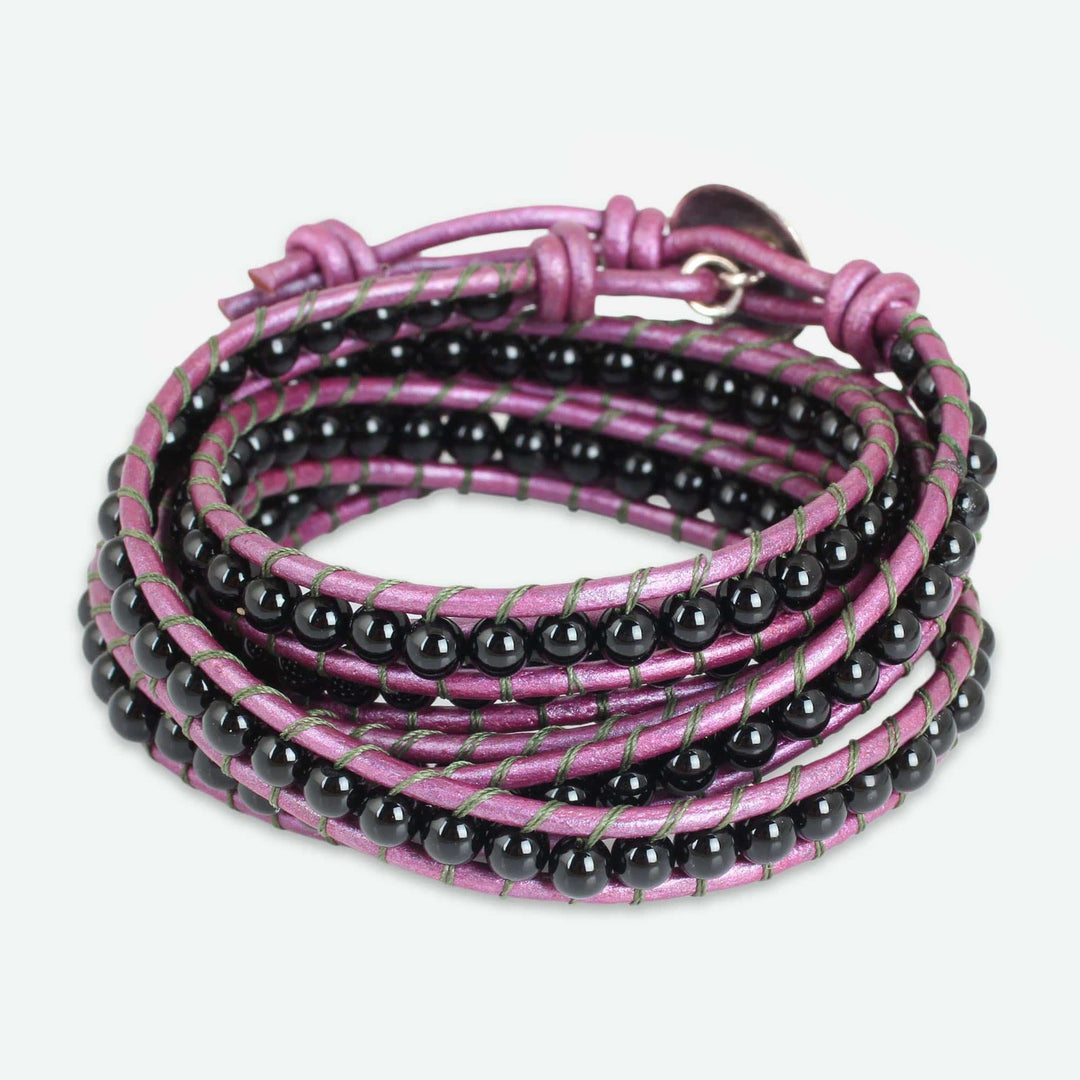 Onyx and Leather Wrap Bracelet with Karen Hill Tribe Silver - Black Orchid Romance