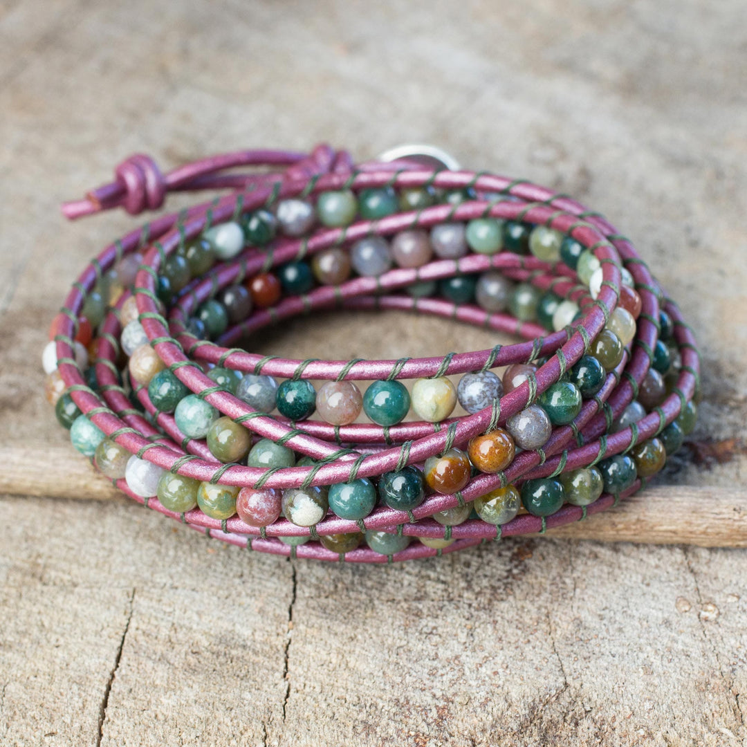 Wrap Bracelet with Colorful Jasper and Hill Tribe Silver - Orchid Romance