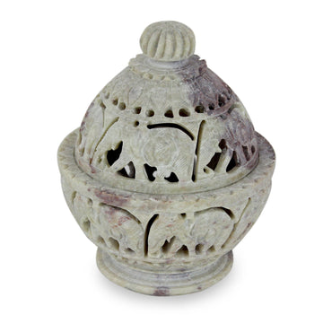 Indian Elephant Theme Hand Carved Soapstone Decorative Jar - Elephant Parade