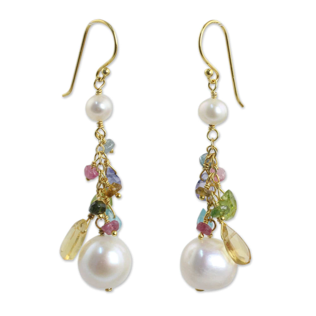 Pearls and Gemstones on 24k Gold Plated Hook Earrings - Rainbow Waterfall