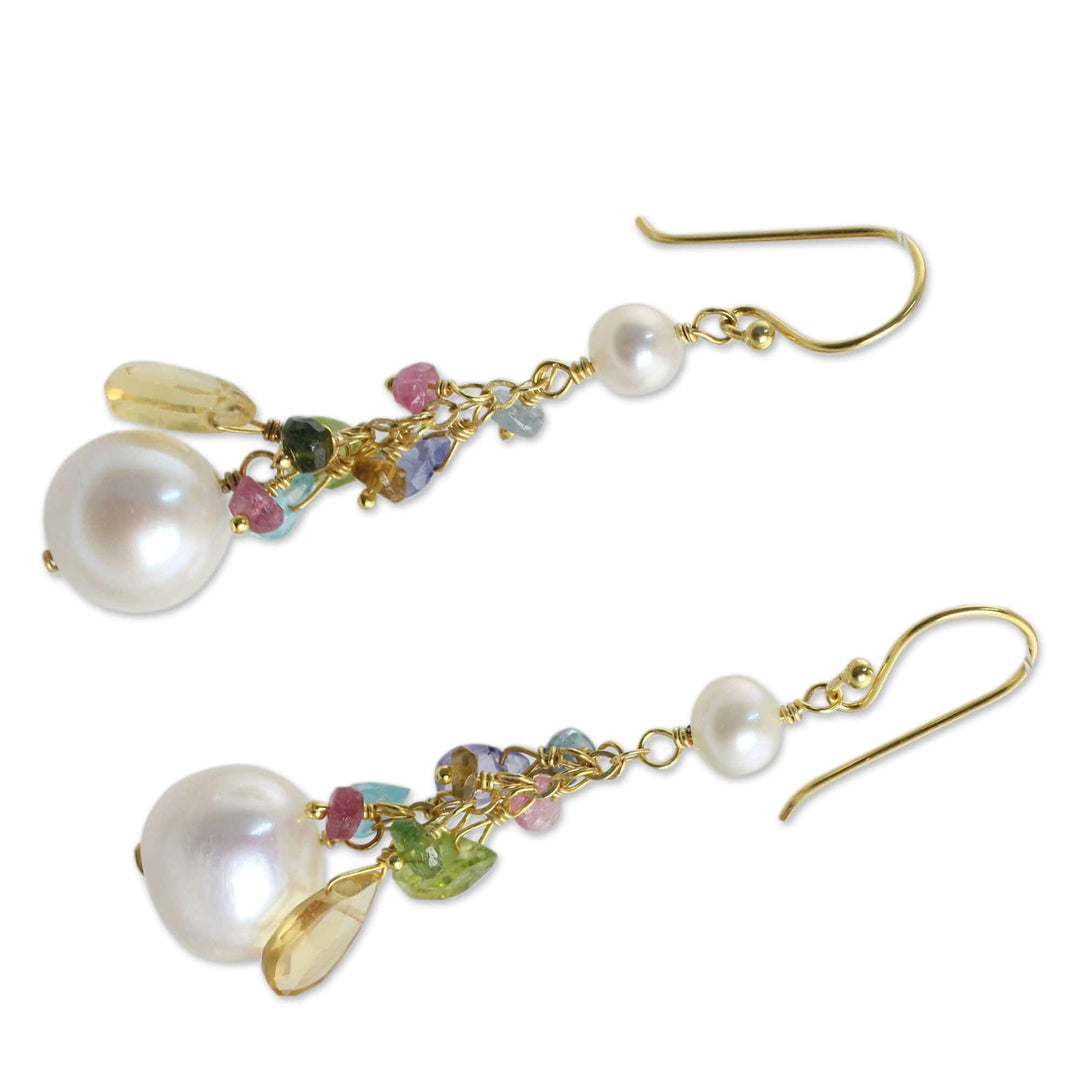 Pearls and Gemstones on 24k Gold Plated Hook Earrings - Rainbow Waterfall