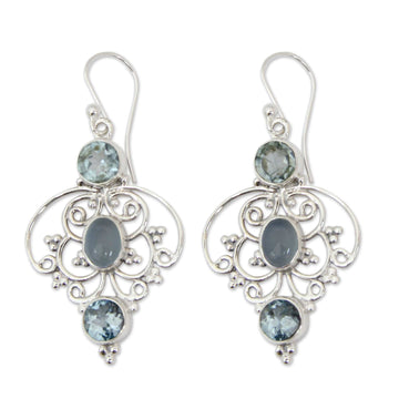 Artisan Crafted Blue Topaz Dangle Earrings with Chalcedony - Blue Arabesque