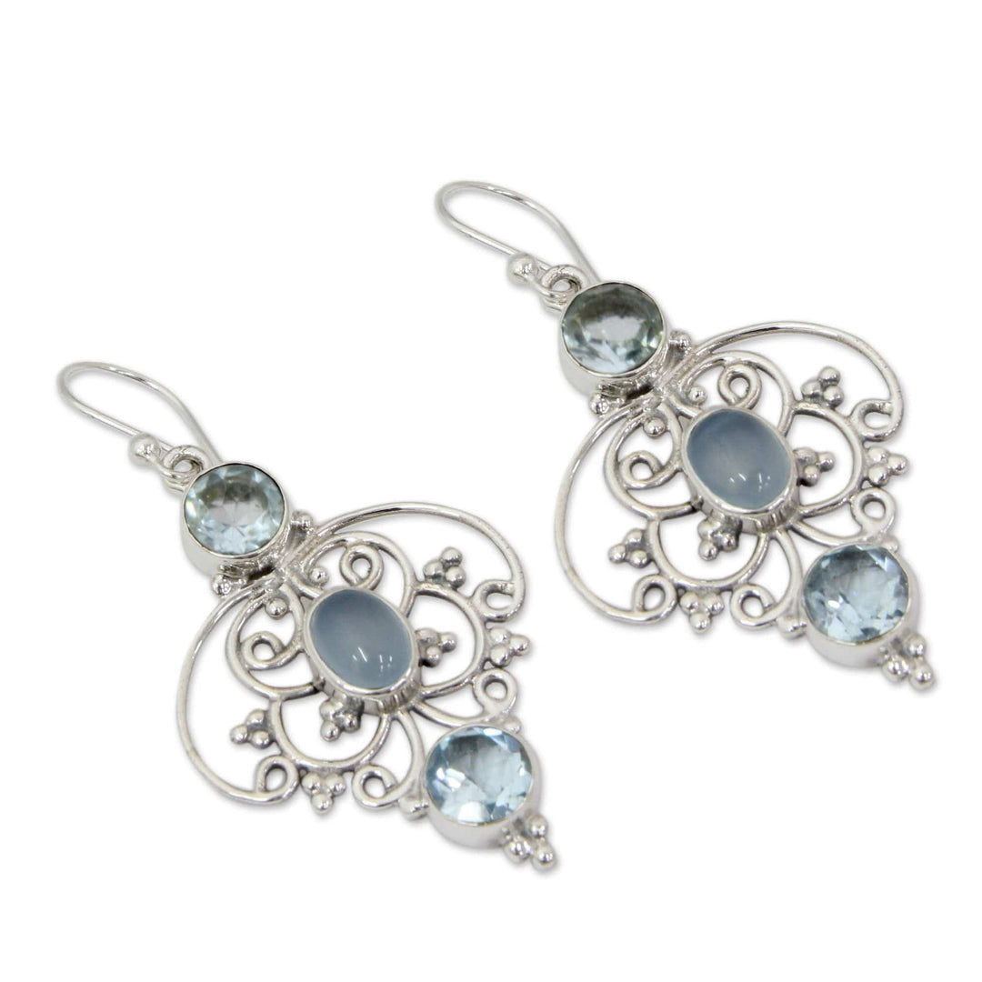 Artisan Crafted Blue Topaz Dangle Earrings with Chalcedony - Blue Arabesque