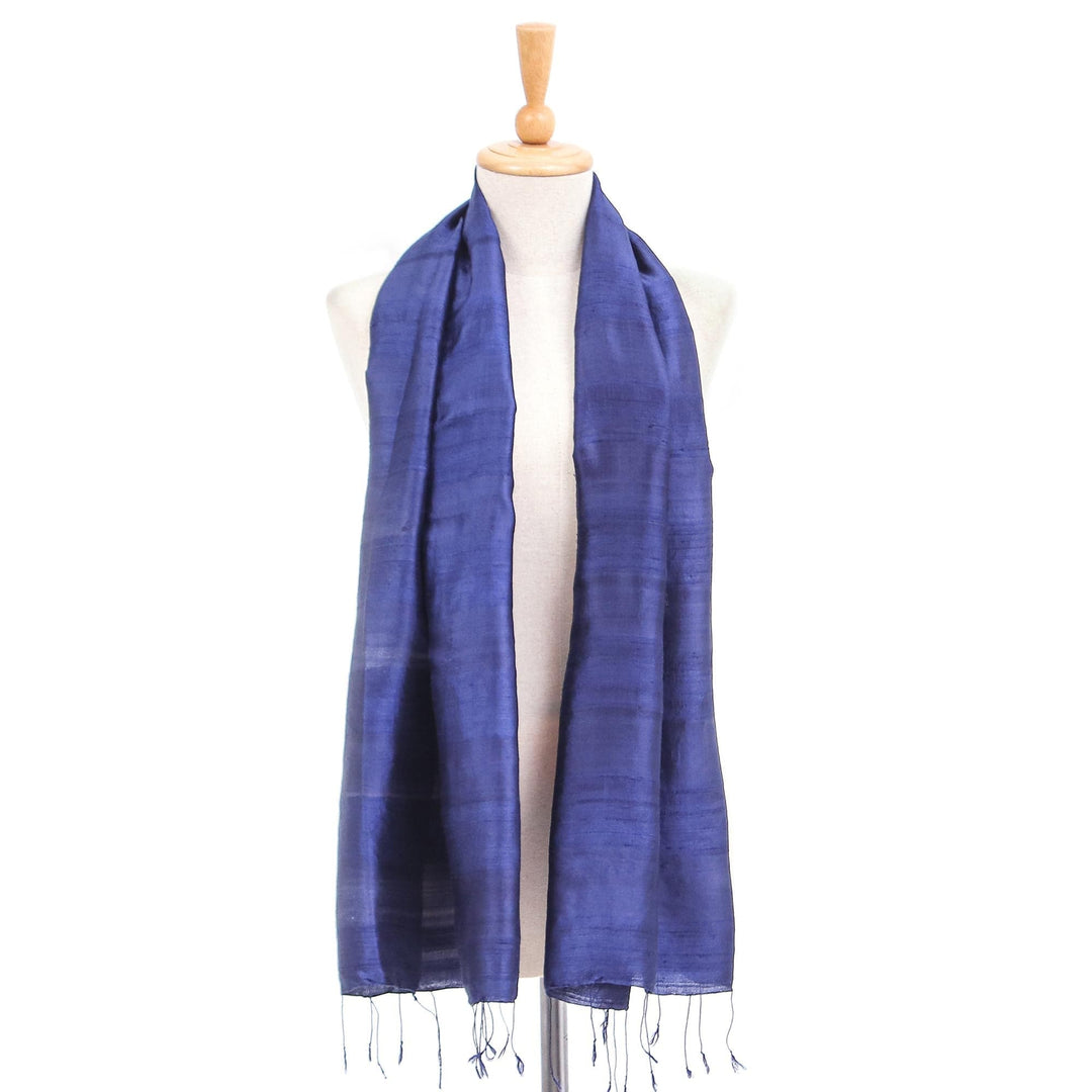 Hand Woven Blue Thai Silk and Rayon Scarf - Sapphire Night