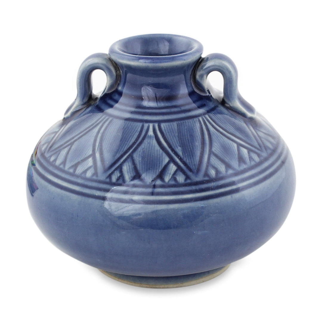 Dark Blue Classic Thai Celadon Ceramic Vase - Sawankhalok Sapphire Lotus