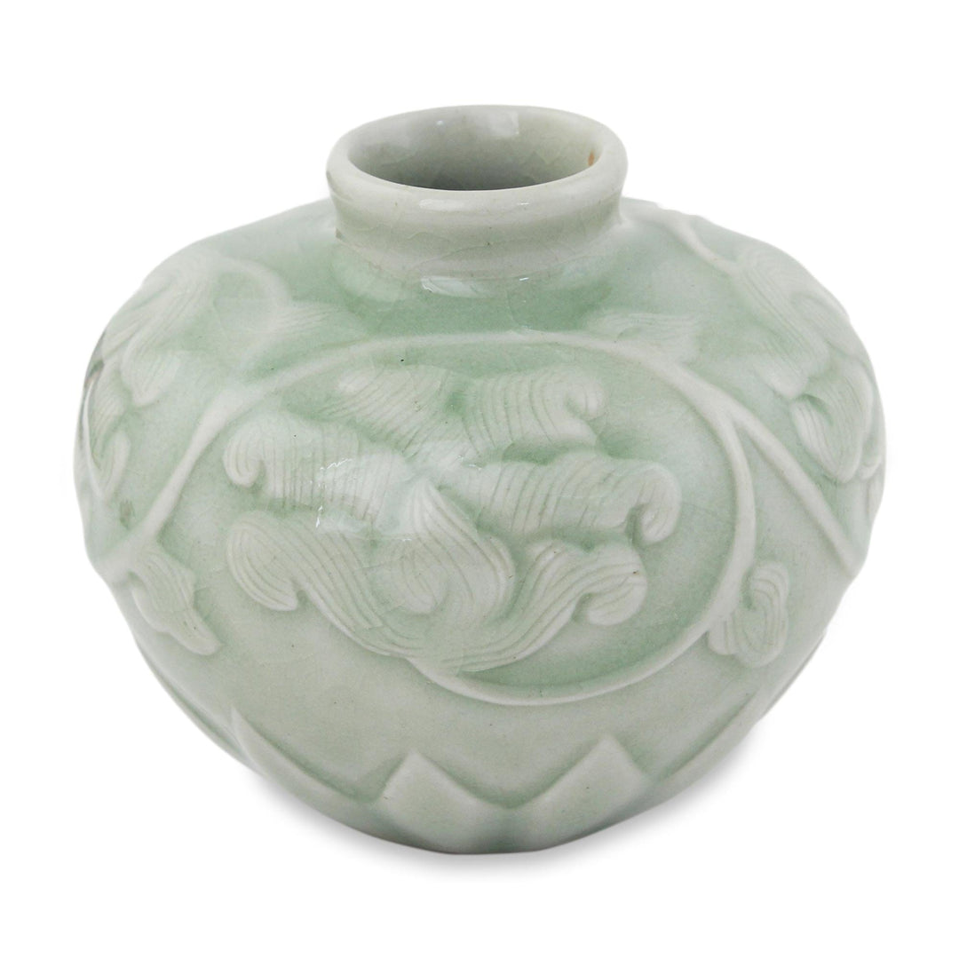 Thai Hand Crafted Petite Celadon Ceramic Vase - Voluptuous Lotus