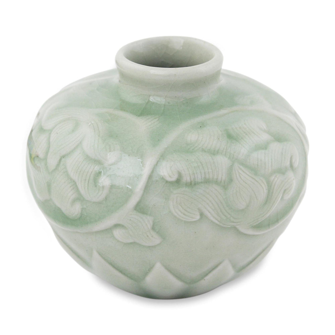 Thai Hand Crafted Petite Celadon Ceramic Vase - Voluptuous Lotus