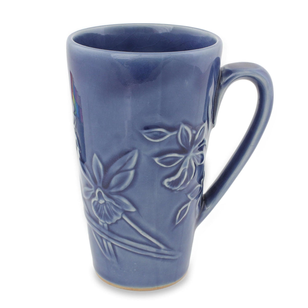 Hand Crafted Dark Blue Celadon Ceramic Mug from Thailand - Royal Blue Orchid