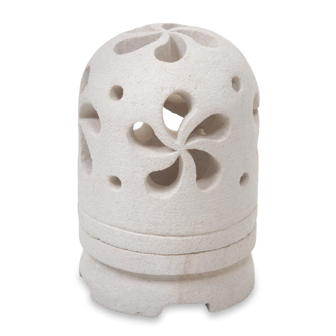 Balinese Carved Floral Limestone Tealight Holder Sculpture - Jasmine Glow
